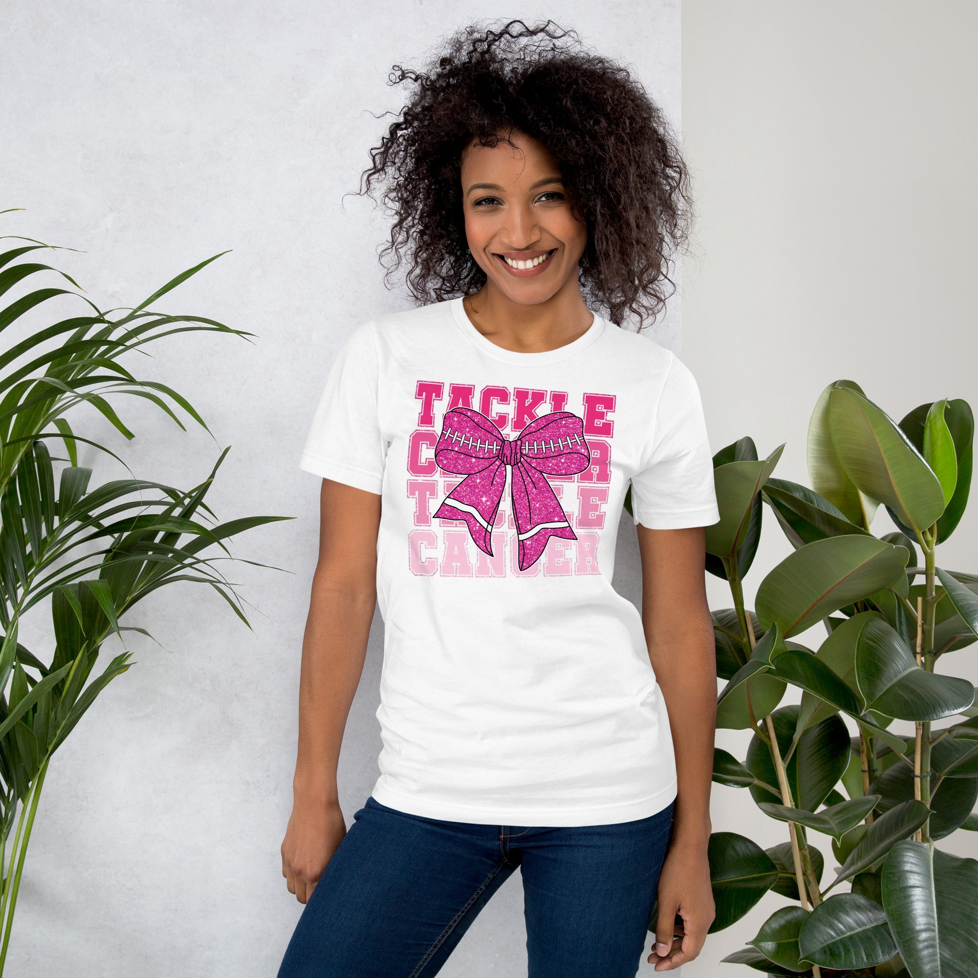 Meaningful Tackle Cancer shirt with football pink ribbon for awareness