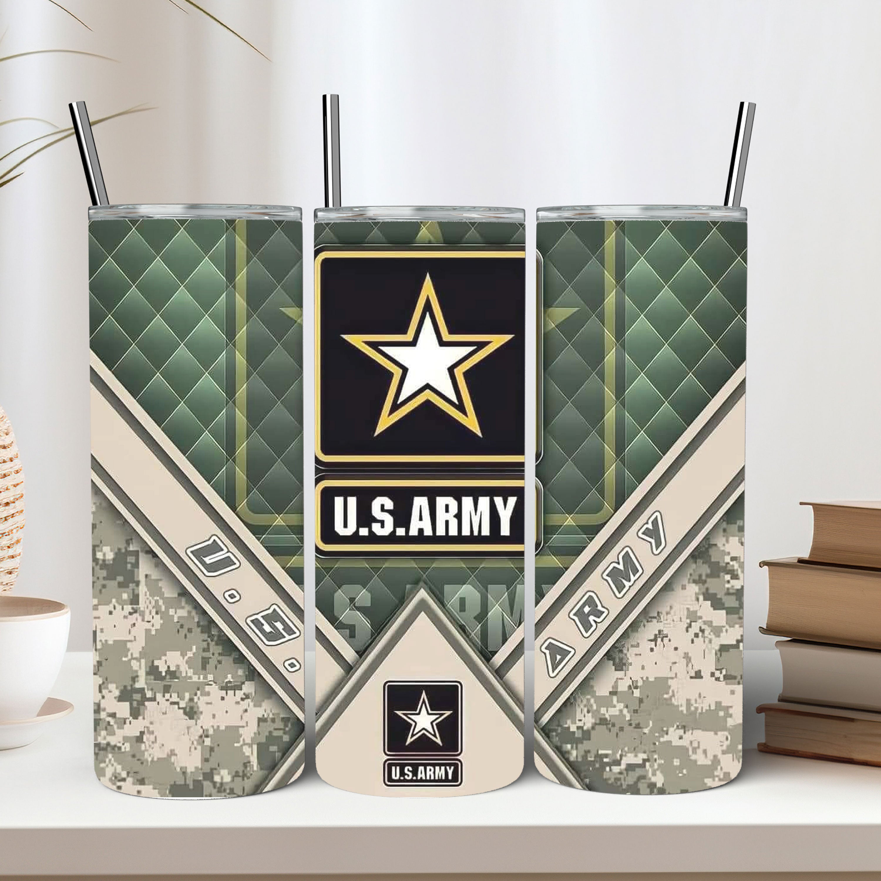 Army tumbler shown as a gift for military families