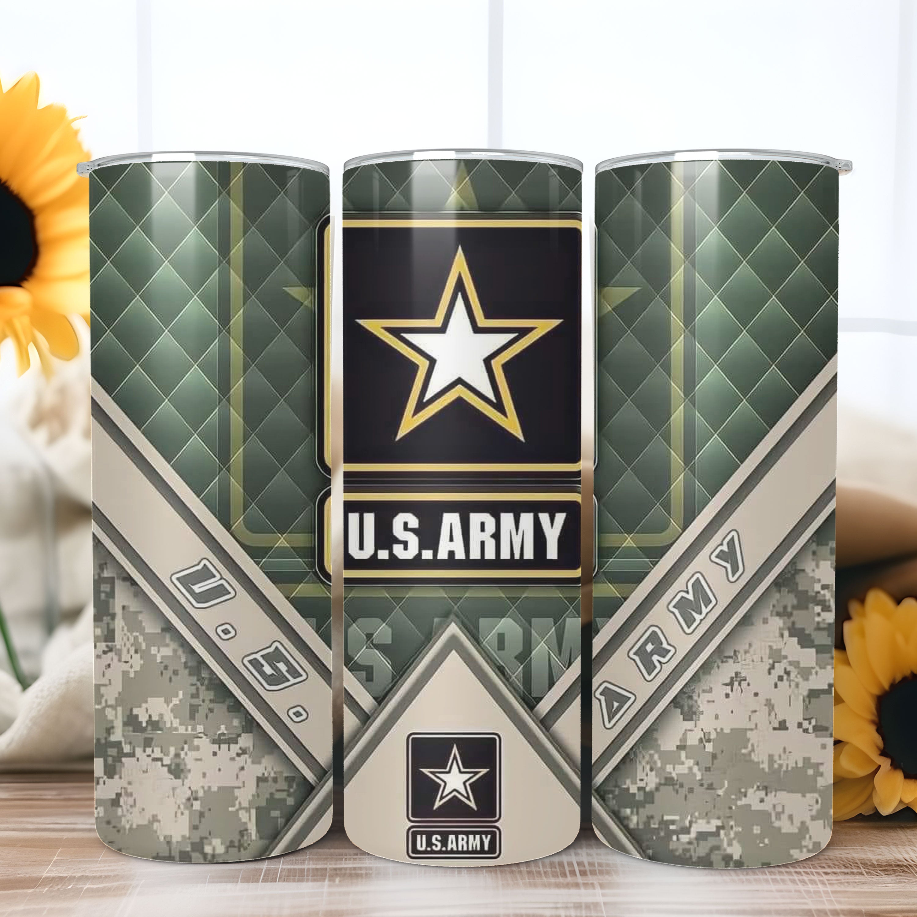 Army emblem tumbler displayed as military gift idea