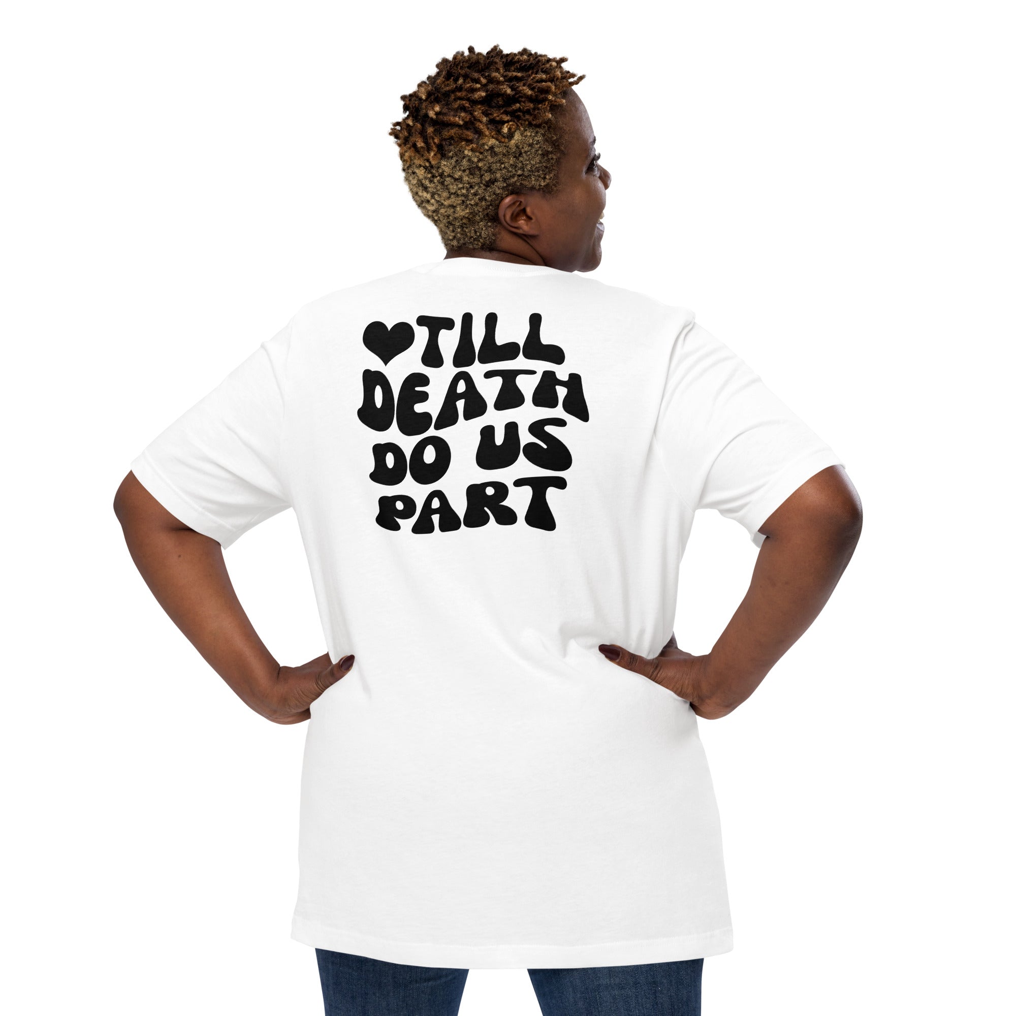Modern bridal party shirt gift idea with Till Death Do Us Part text