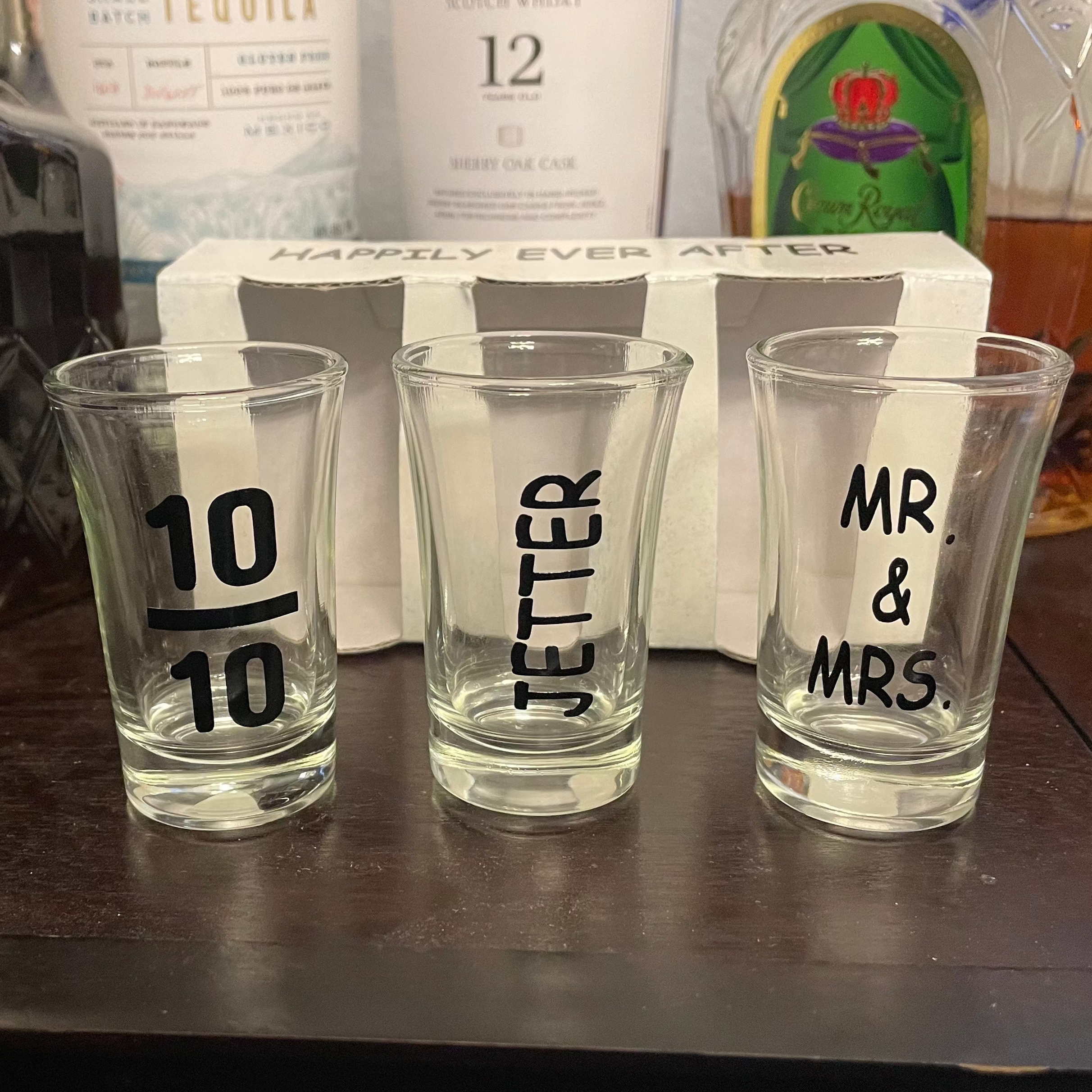 Set of three matching Mr and Mrs wedding keepsake shot glasses