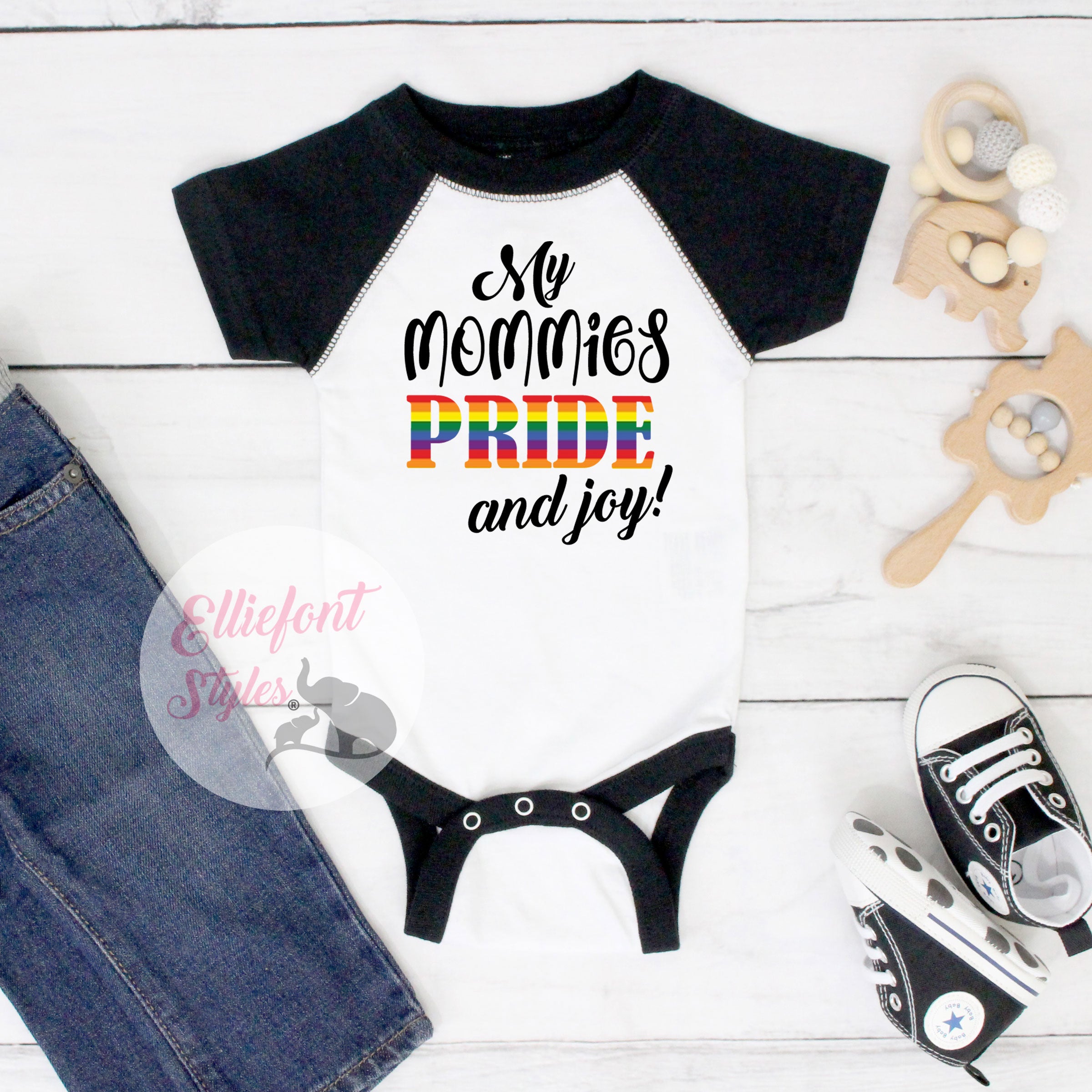 My Mommies Pride and Joy baby bodysuit with rainbow design