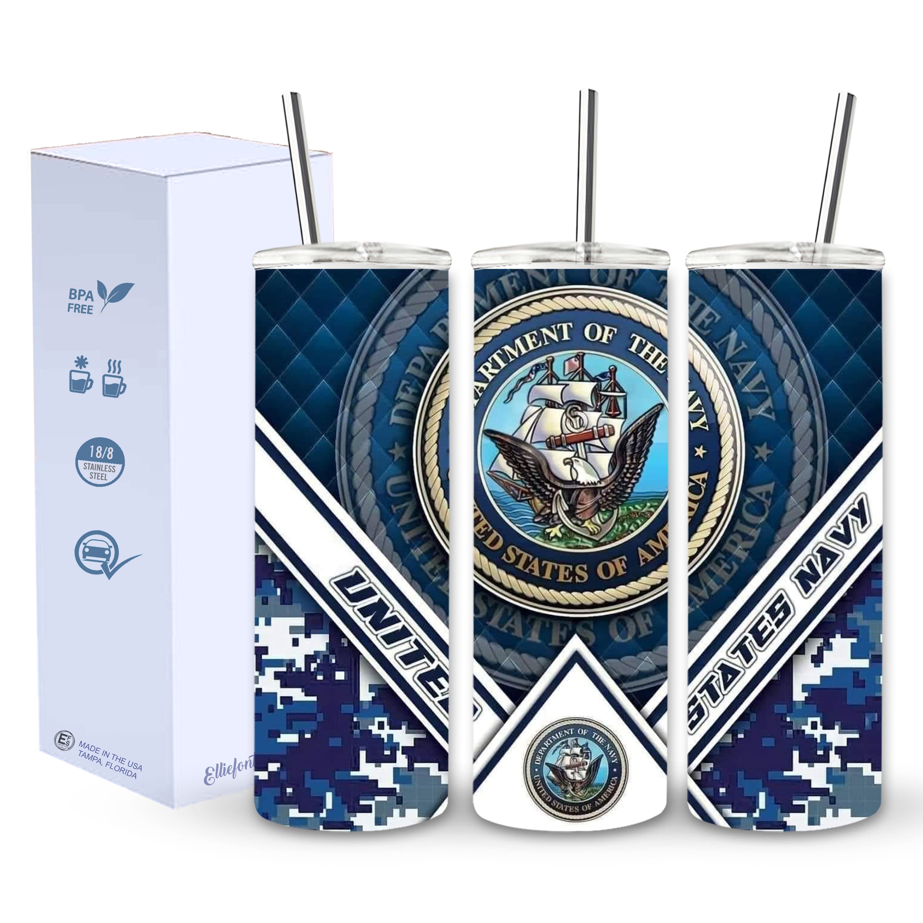 Navy logo and uniform pattern on reusable tumbler