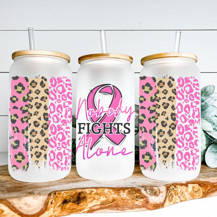 Libby Glass Can Tumbler with “No One Fights Alone” phrase and pink breast cancer ribbon, meaningful gift for cancer fighters.