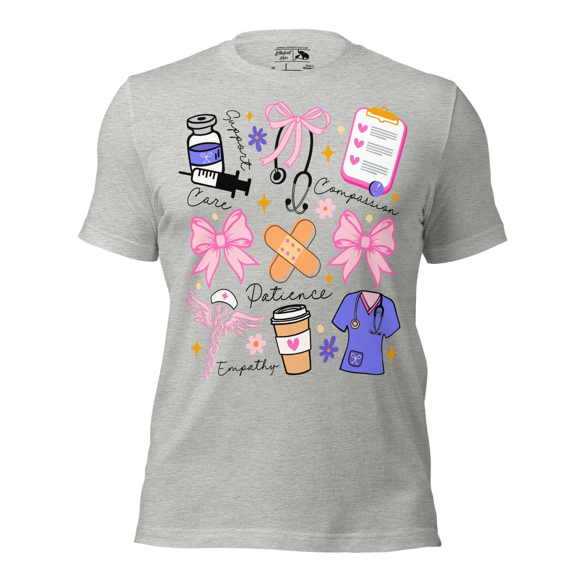 Nurse gift shirt featuring caduceus symbol, bows, and core nurse values