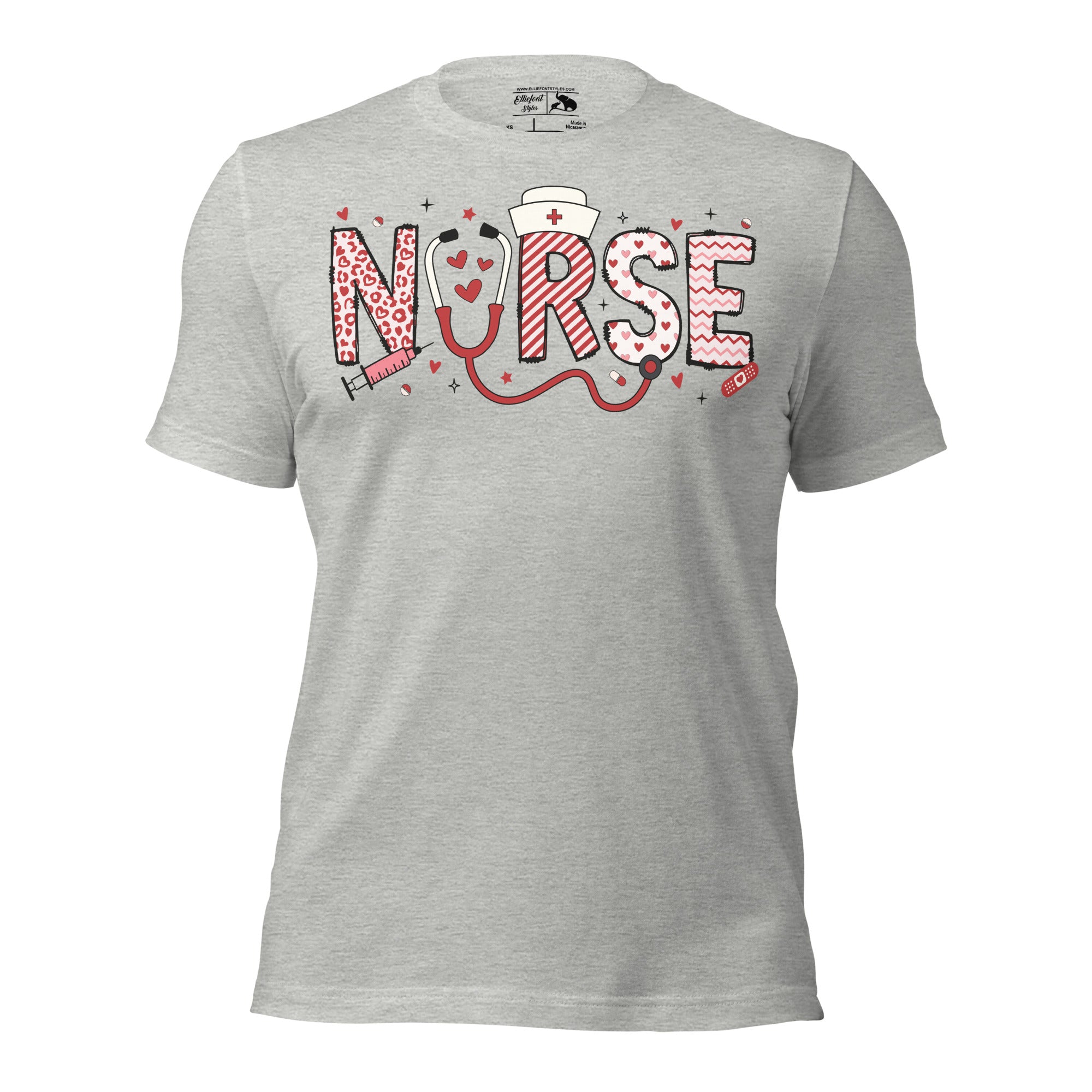 Nurse shirt with medical items forming the word NURSE