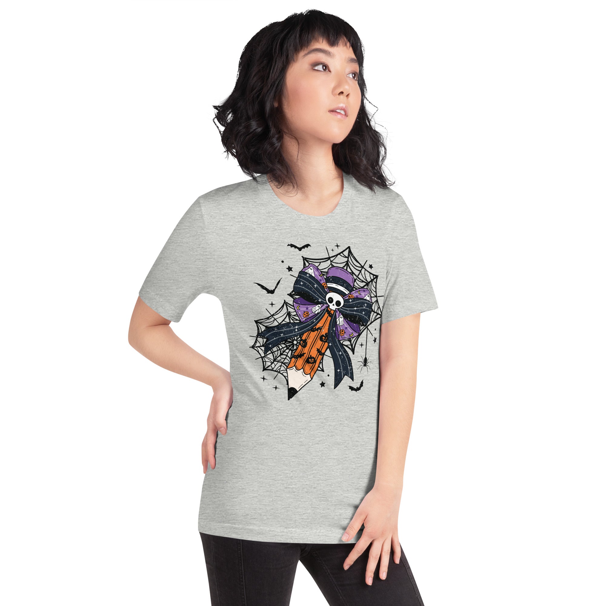 Halloween teacher shirt with pencil and spider web graphic