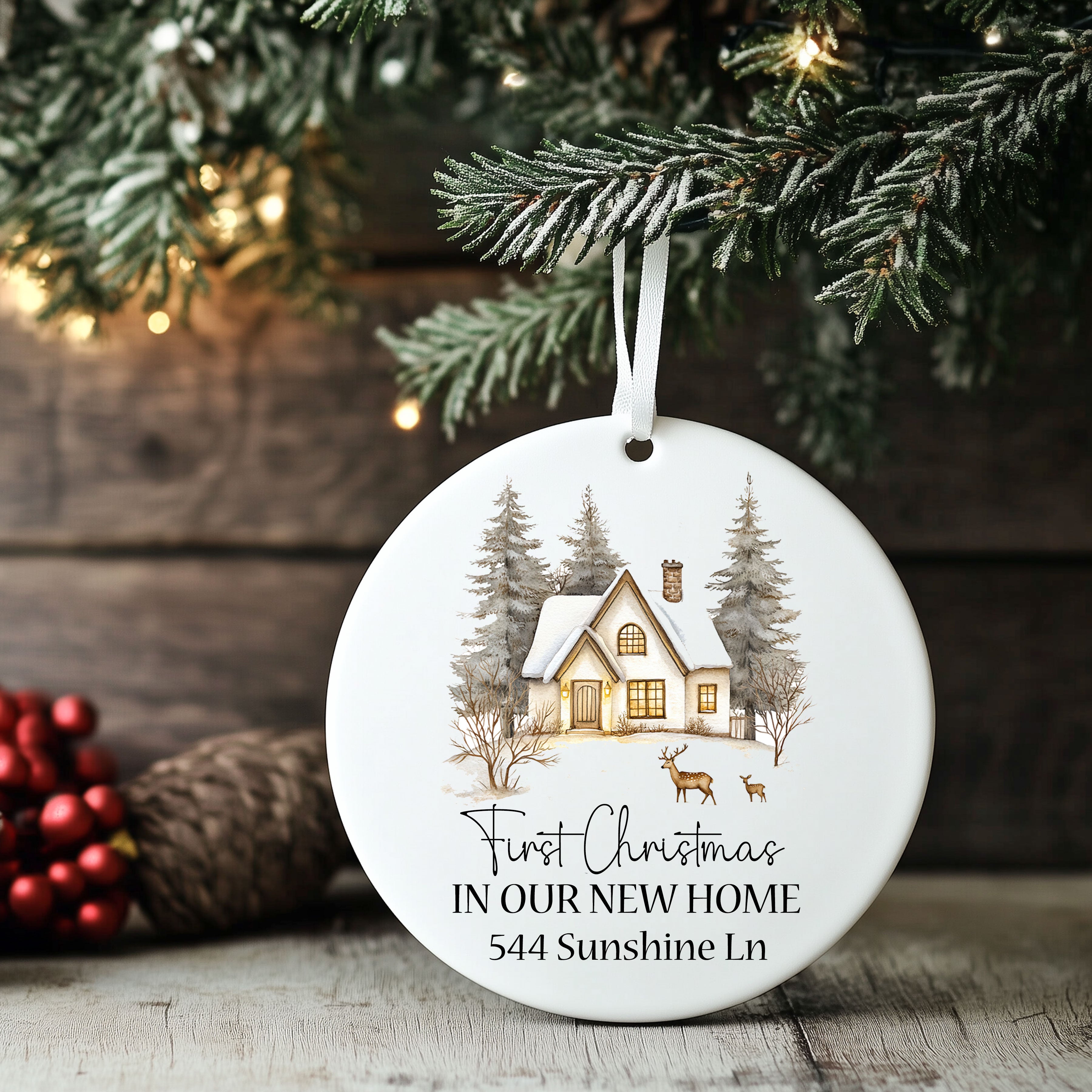 Custom first home ornament used as holiday décor for new homeowners