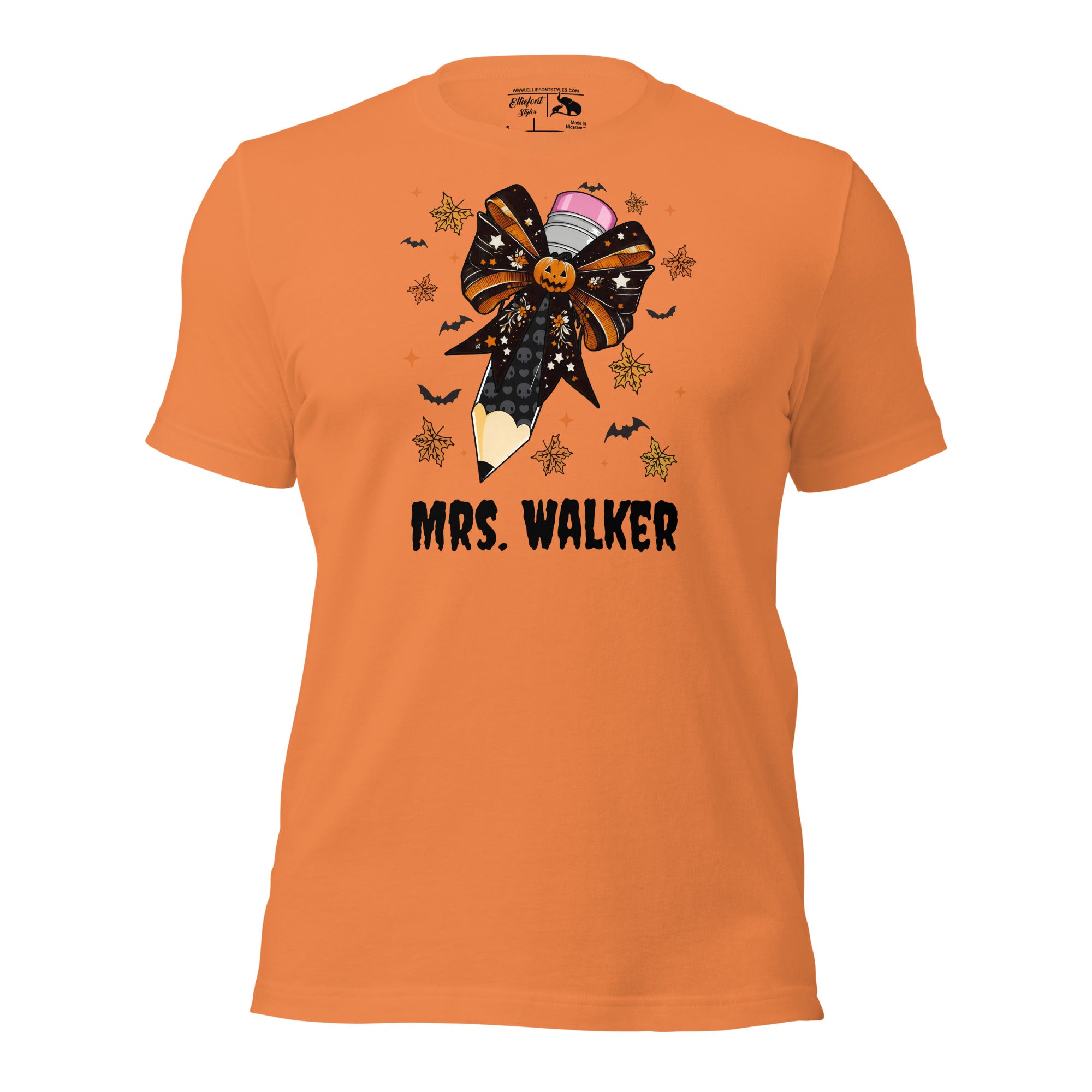Personalized Halloween teacher shirt with spooky pencil and teacher name