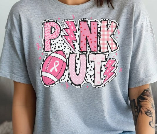 Pink Out football shirt with pink ribbons for breast cancer awareness
