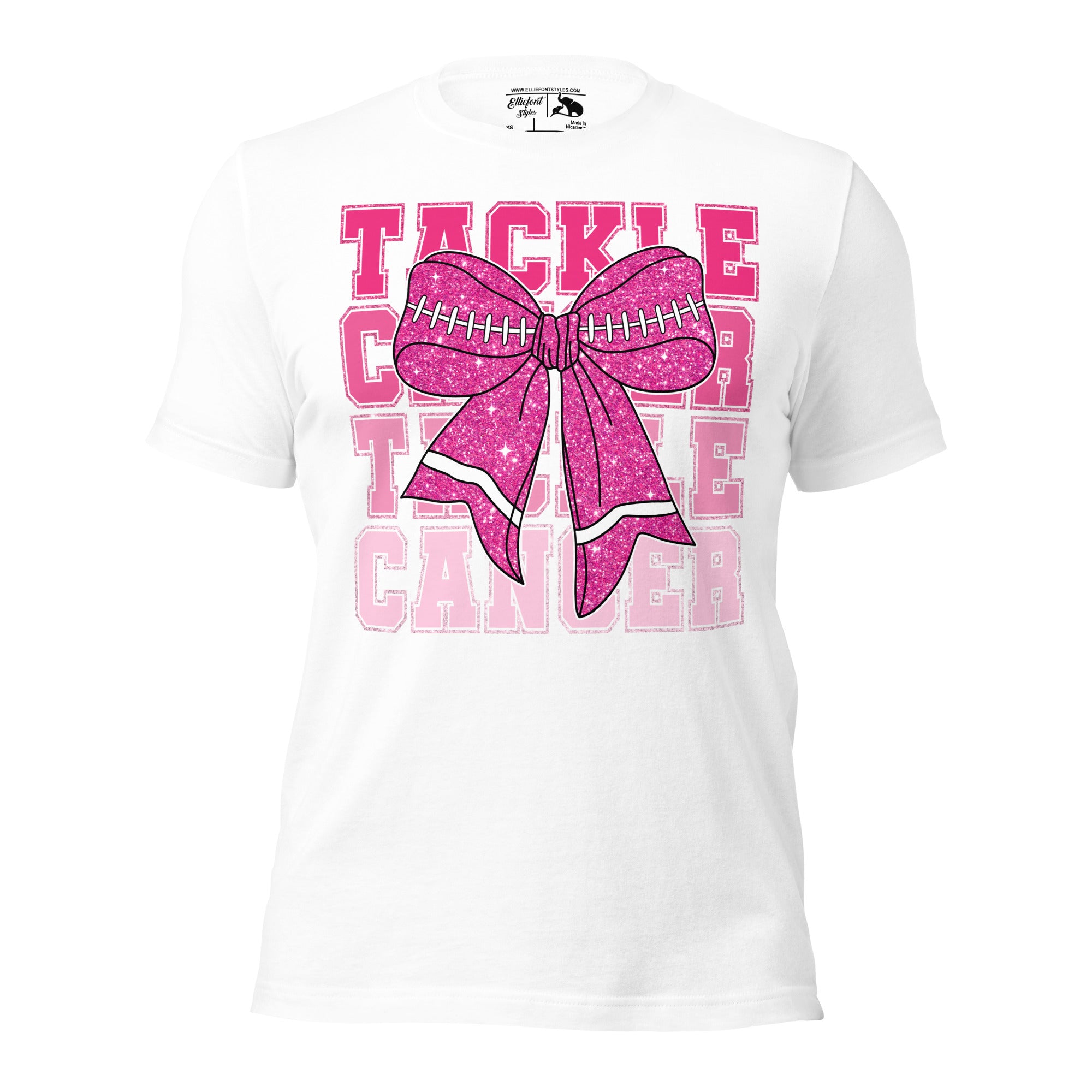 Pink Out football shirt with Tackle Cancer lettering and ribbon bow.