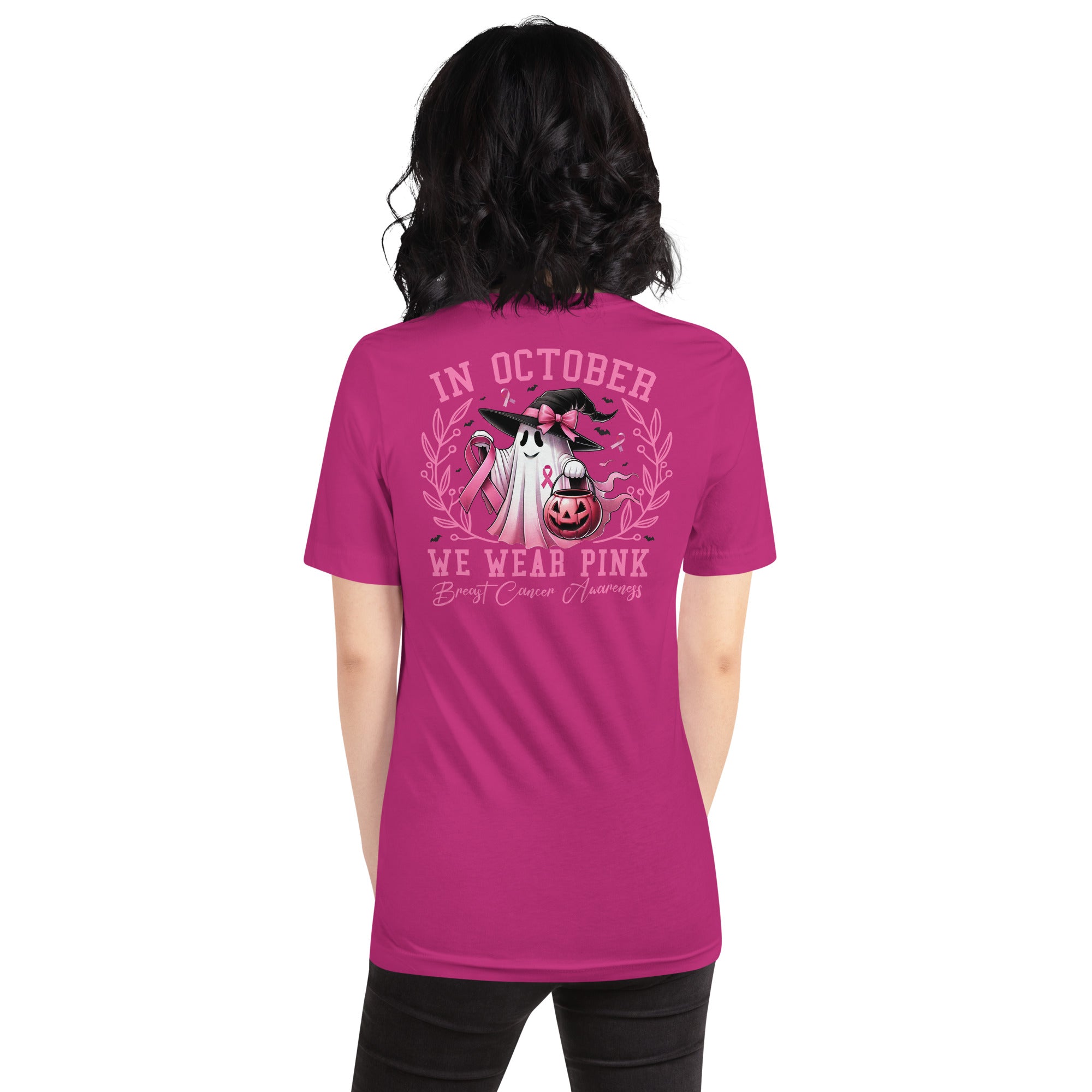 Pink ribbon ghost in witch hat breast cancer awareness shirt