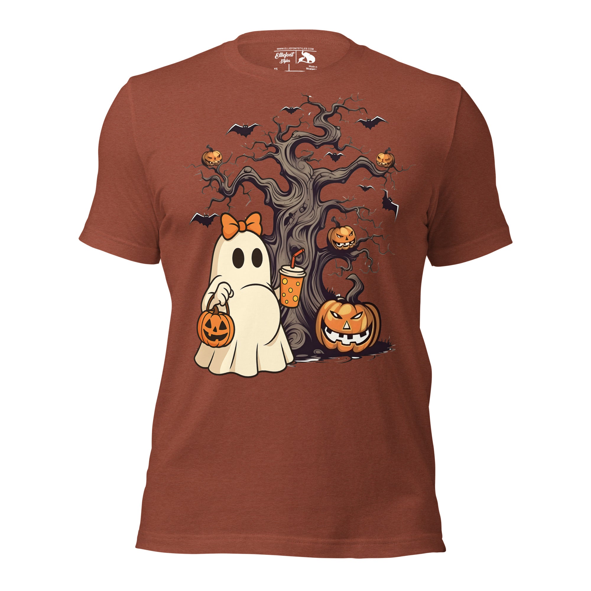 Pregnant ghost Halloween shirt with pumpkin bucket and coffee cup design