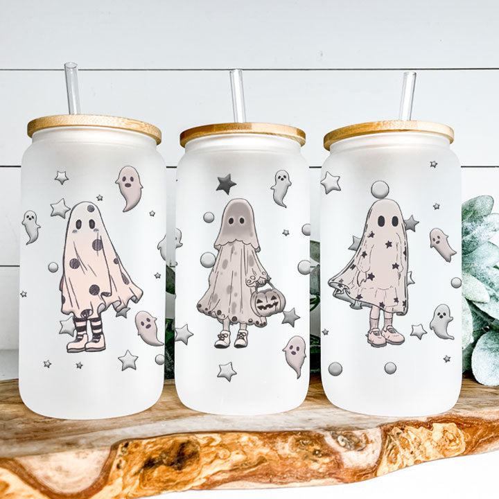 Libby Glass Can Tumbler with retro-style trick-or-treating ghosts, fun reusable Halloween gift
