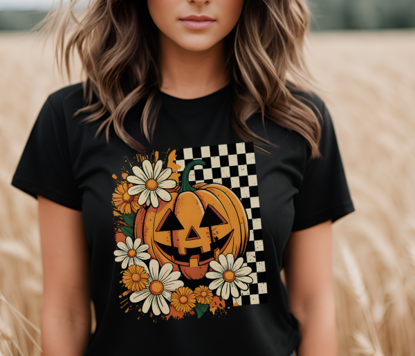 Retro pumpkin floral fall shirt with vintage autumn aesthetic design