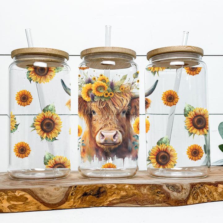 Western-inspired tumbler with Highland cow and sunflower design, perfect farmhouse gift