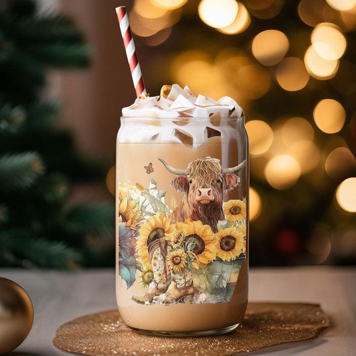 Close-up of Libby Glass Can Tumbler with Highland cow and sunflower design