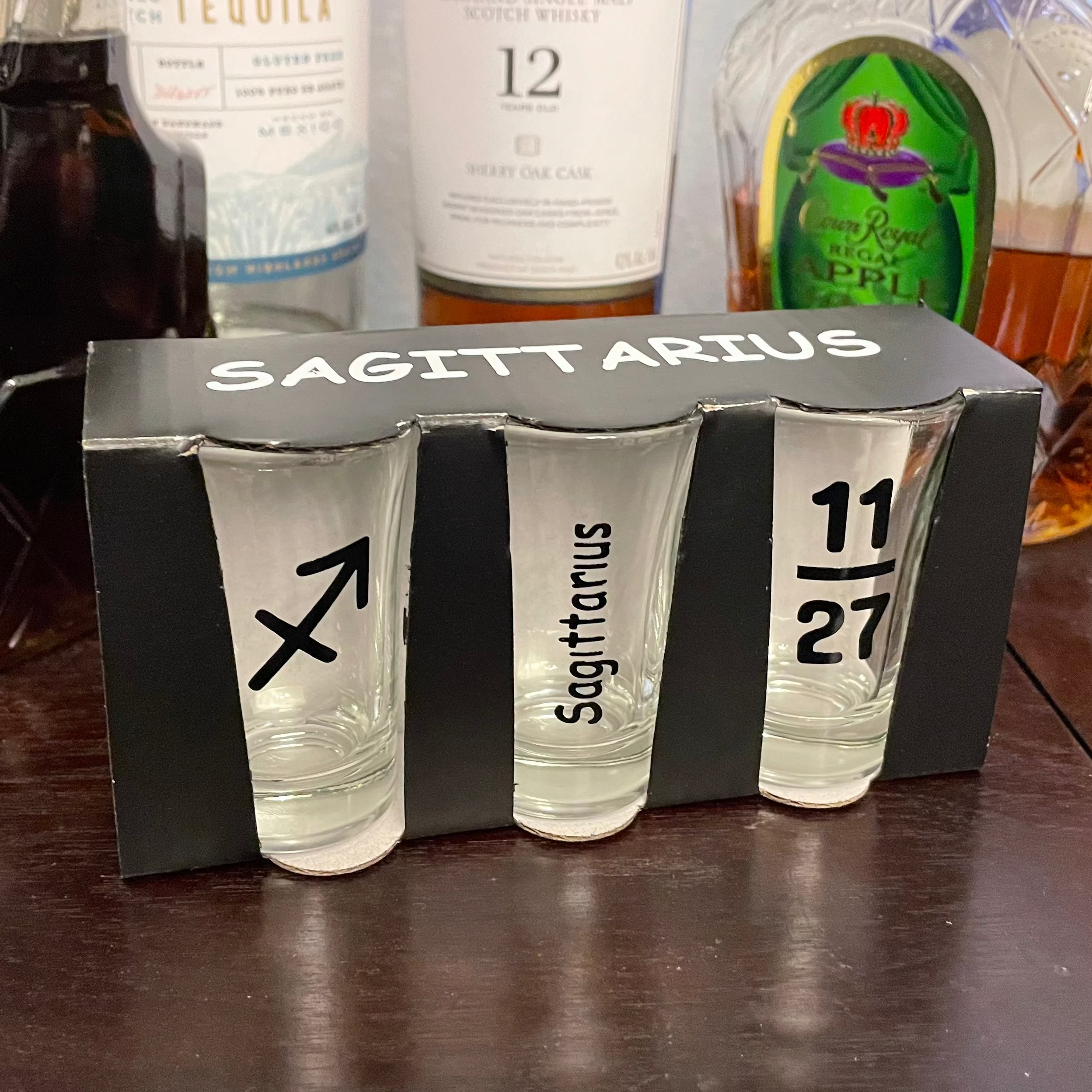 Engraved Sagittarius Archer design on custom astrology birthday shot glass