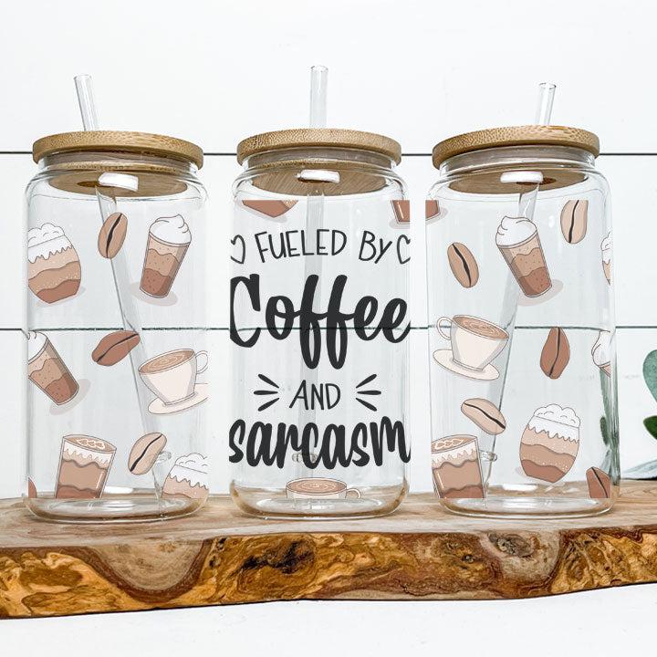 Funny iced coffee tumbler with coffee beans and “Fueled by Coffee and Sarcasm” wording, perfect for friends or coworkers.