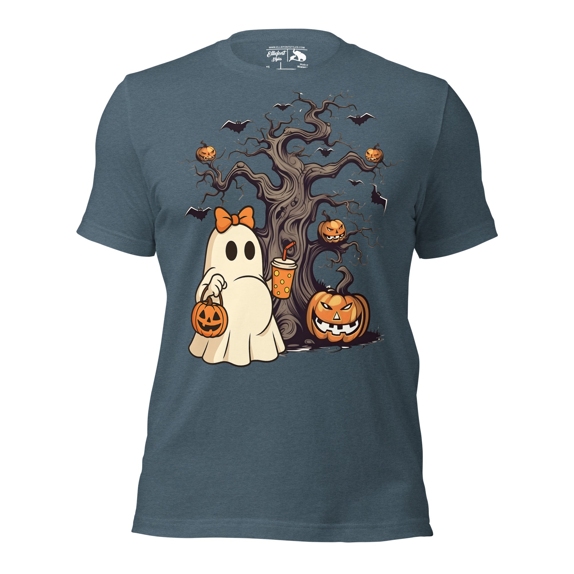 Spooky season pregnancy announcement shirt with ghost and tree background