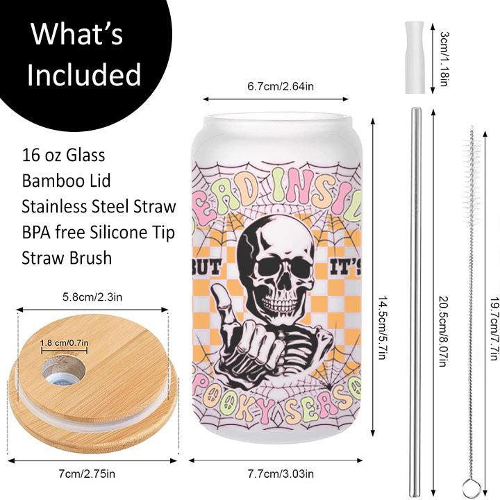 Humorous skeleton tumbler with “Dead Inside But It’s Spooky Season,” reusable iced coffee gift for friends or family