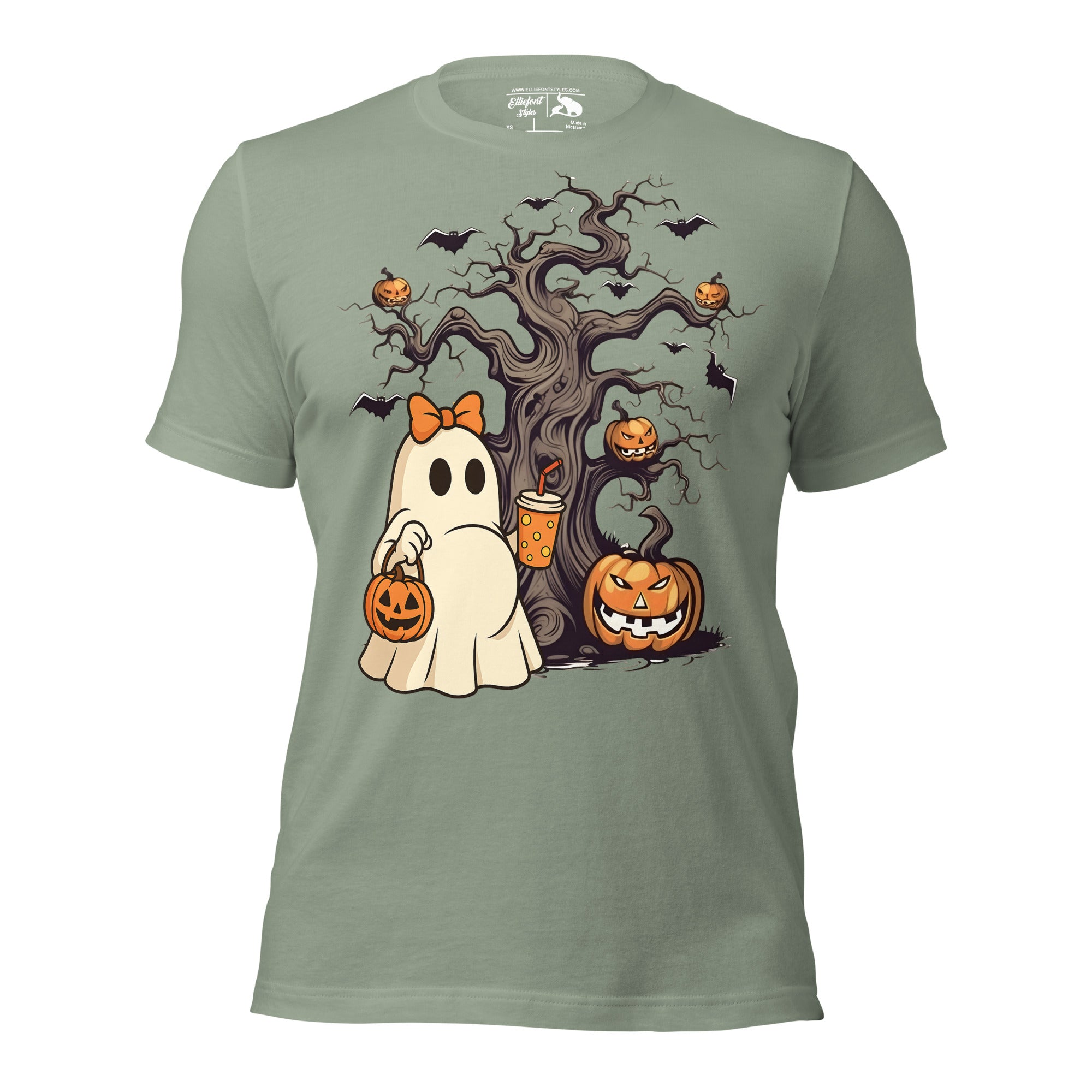 Pregnancy announcement shirt with ghost, pumpkin bucket, and spooky tree