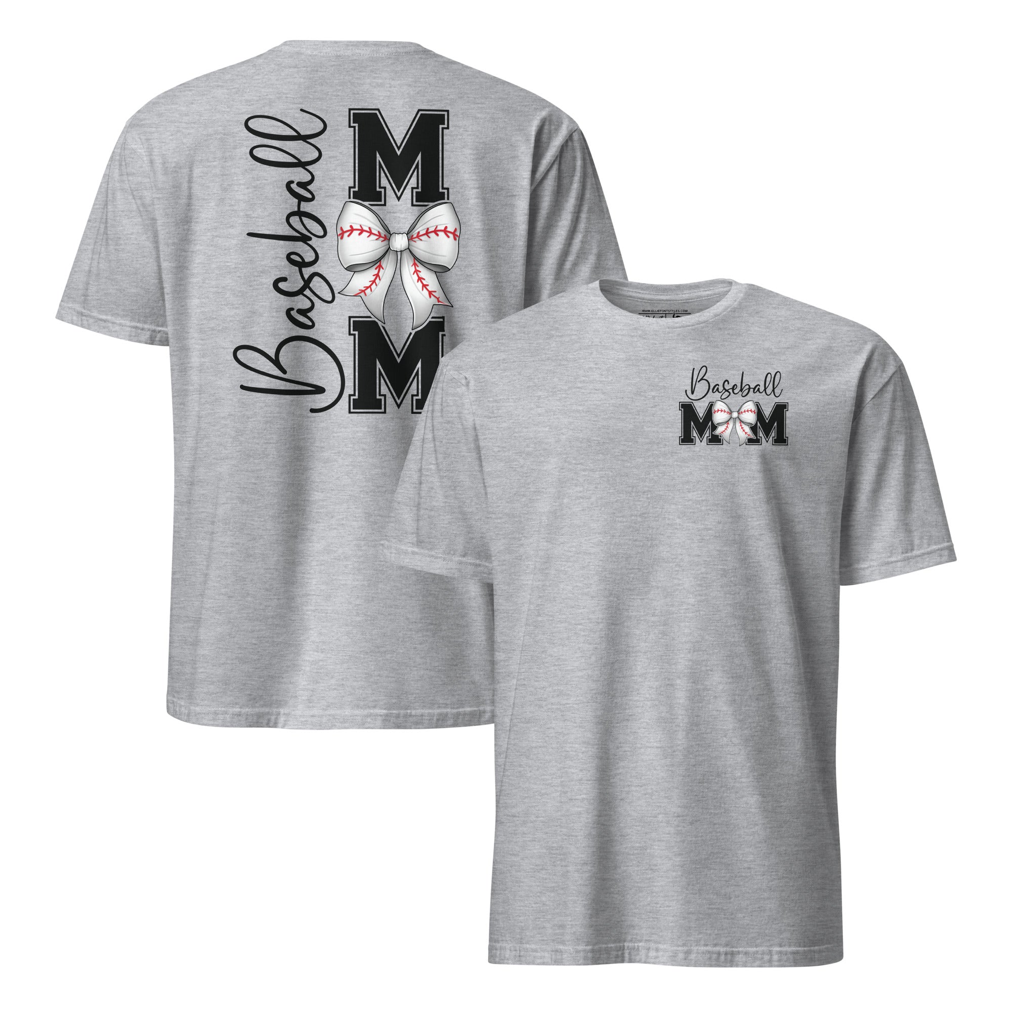 Sports mom shirt with bow baseball lettering design