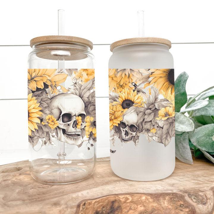 Halloween tumbler with sunflower garden and skull design, reusable coffee cup gift for friends or coworkers.