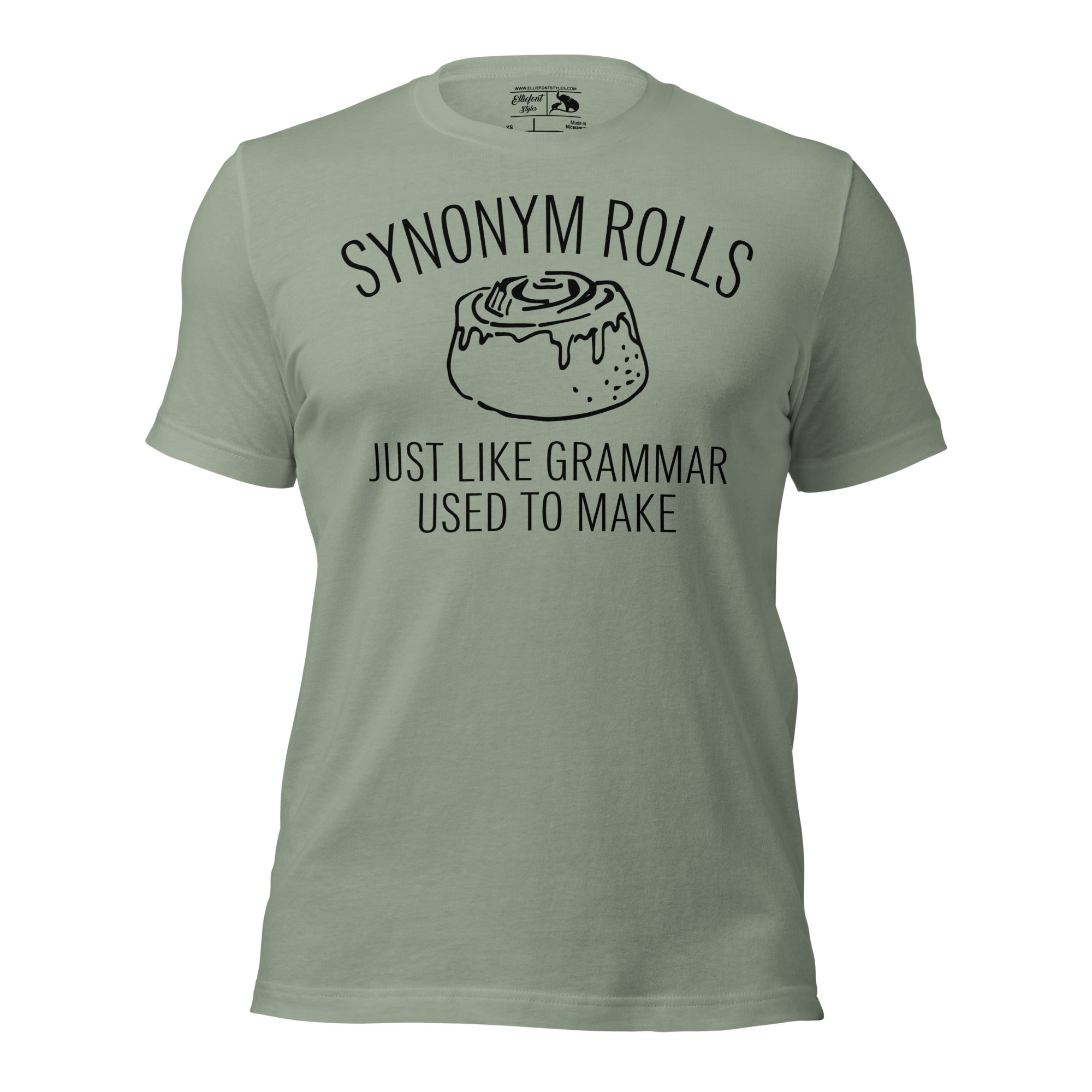Funny grammar shirt with cinnamon roll graphic for English teachers