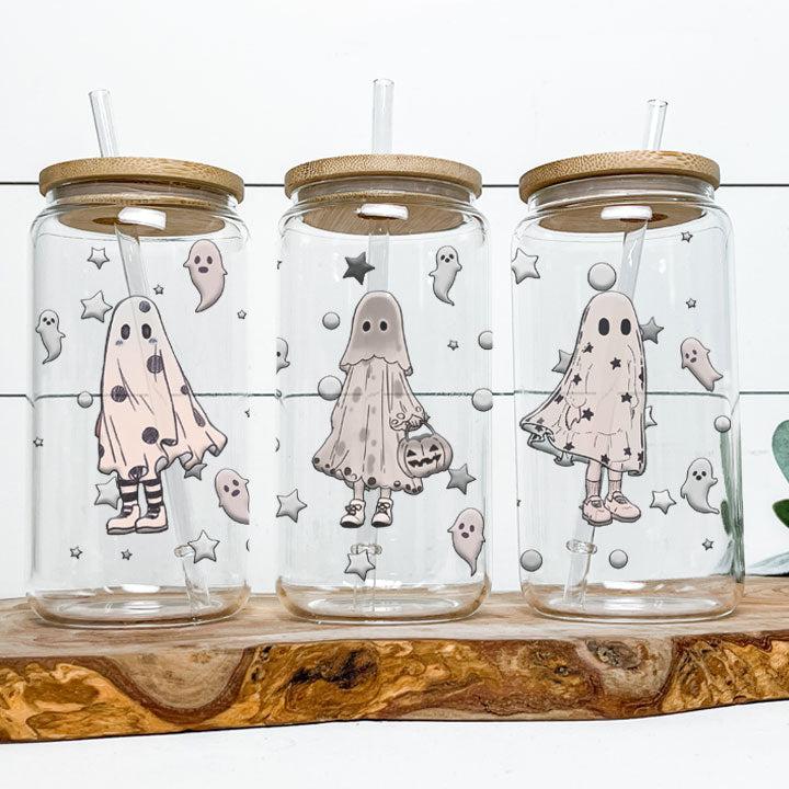 Halloween iced coffee tumbler with retro ghost design, perfect seasonal gift for friends or coworkers
