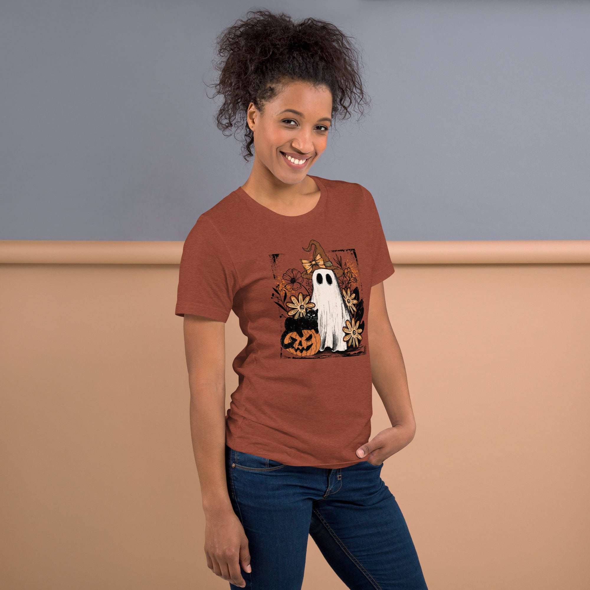 Vintage Halloween retro ghost graphic tee with witch hat details