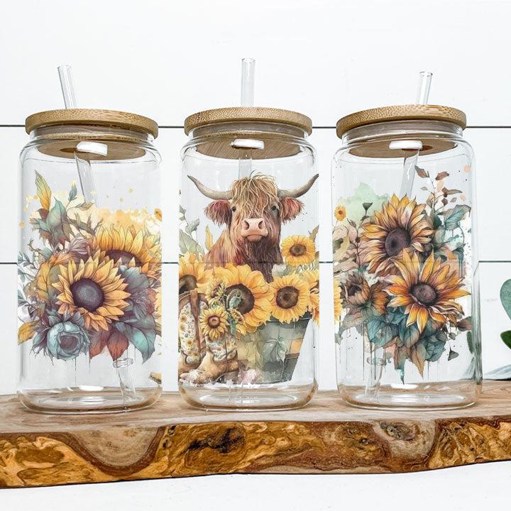 Rustic western tumbler with Highland cow and sunflower artwork, perfect gift idea