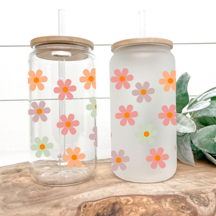 16 oz Libby Frosted Glass Can Tumbler featuring delicate pastel daisies, stylish and reusable
