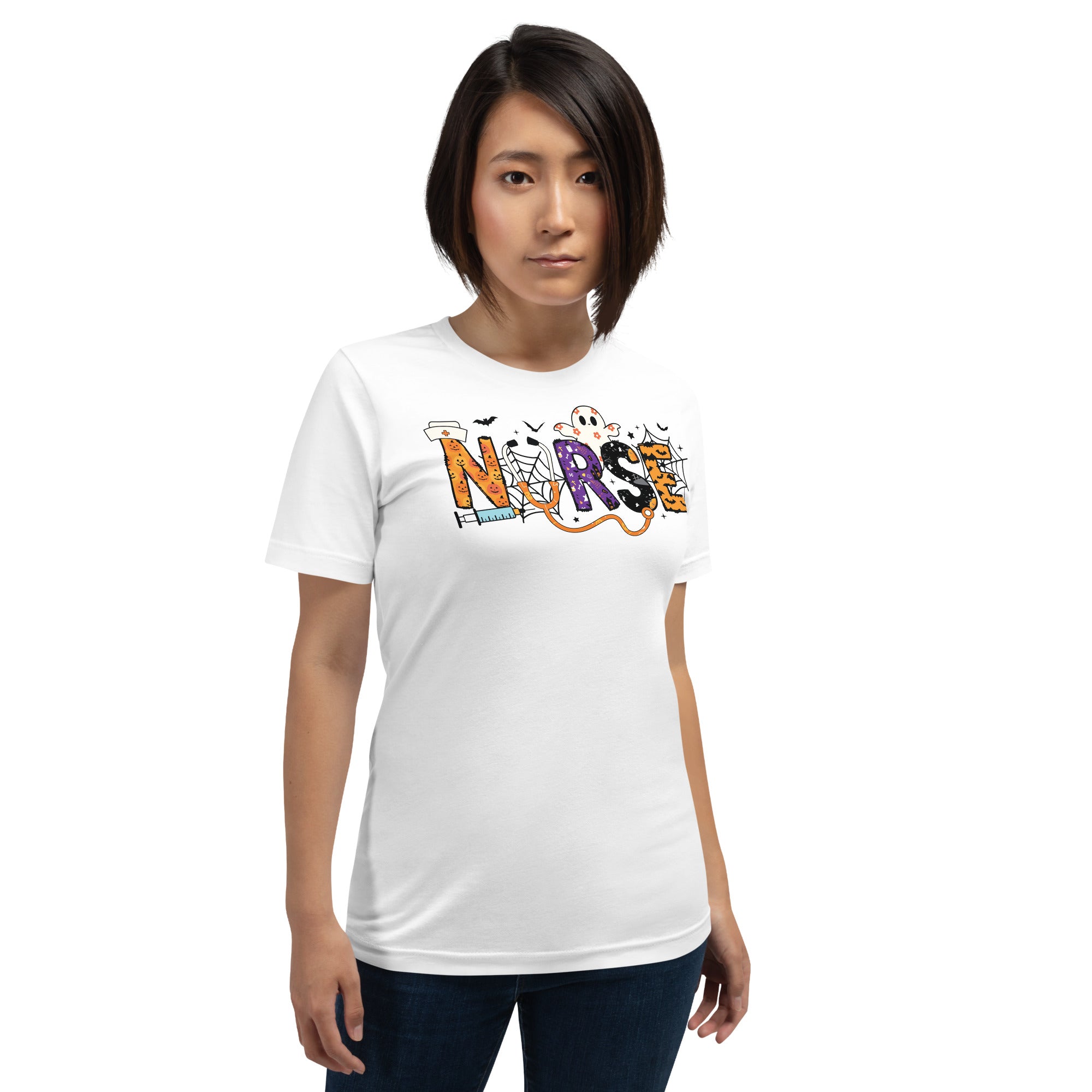 Women’s Halloween nurse shirt with spooky doodle graphics