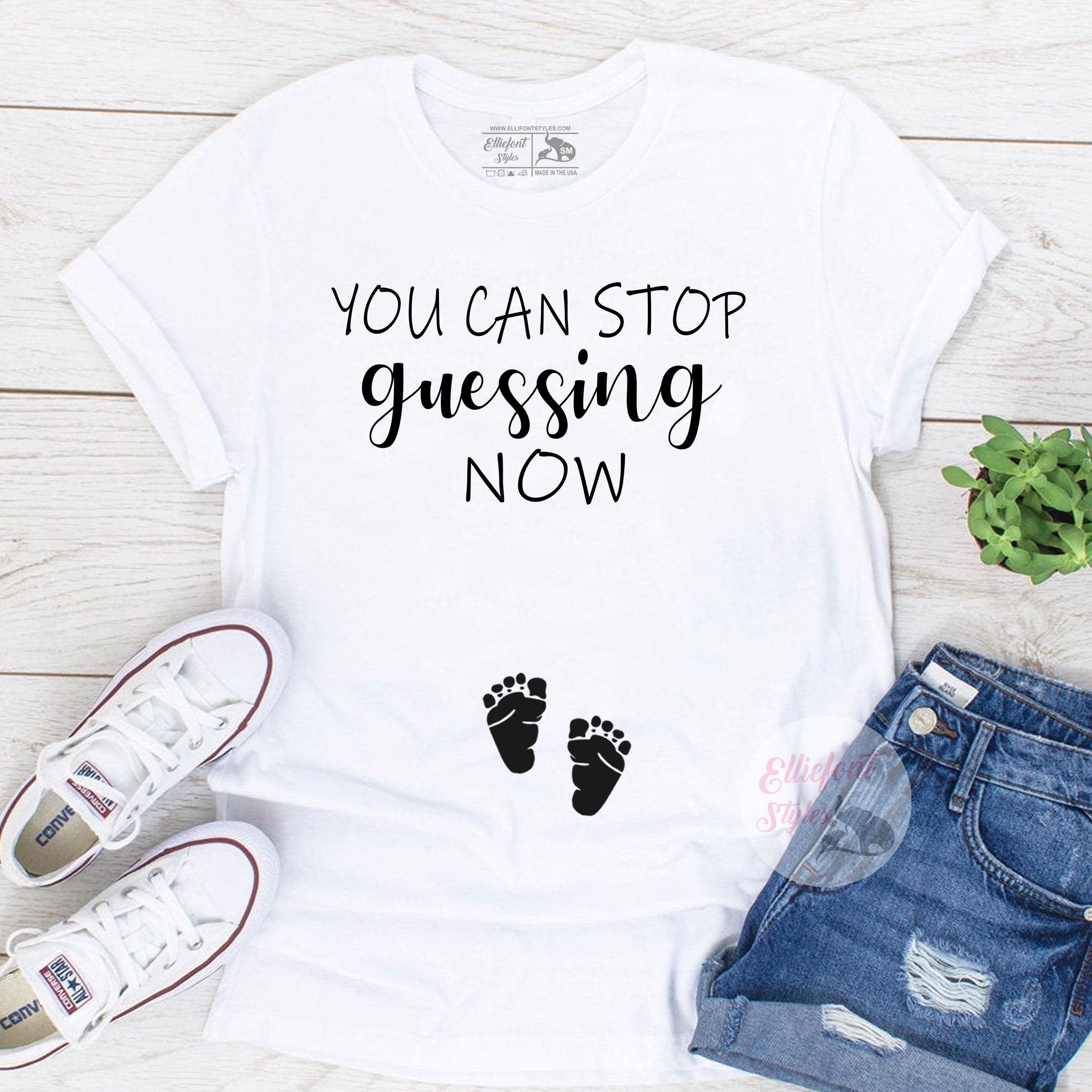 Elliefont Styles You Can Stop Guessing Now Funny Pregnancy Announcement Shirt Graphic Tee XL / White