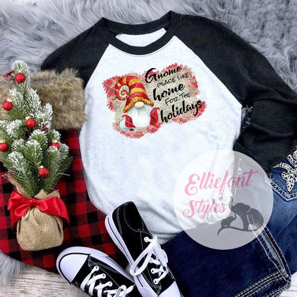 Gnome Place Like Home For The Holidays Shirt Raglan Baseball Tee Shirt Christmas Holiday - Elliefont Styles