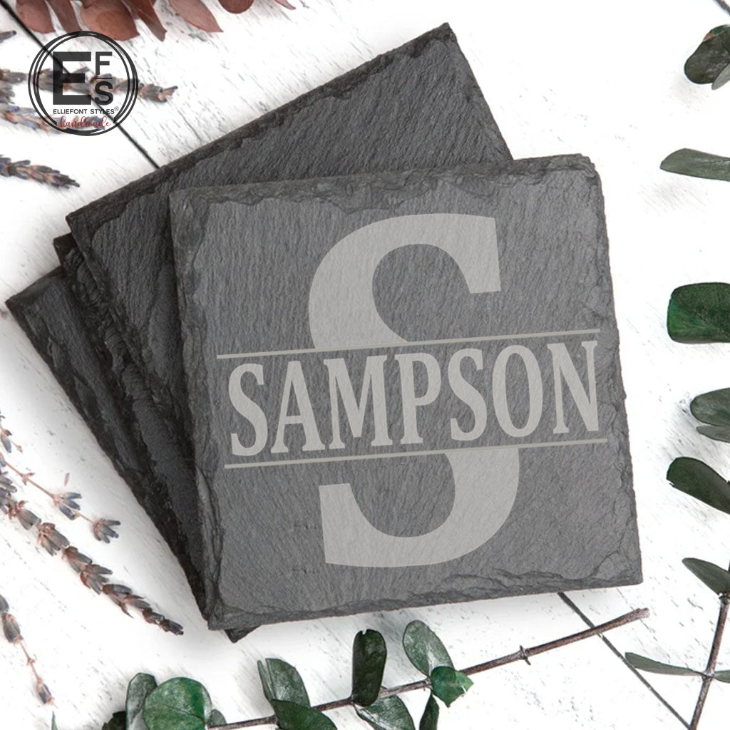 Personalized split monogram slate coasters engraved with last name for wedding or anniversary gift