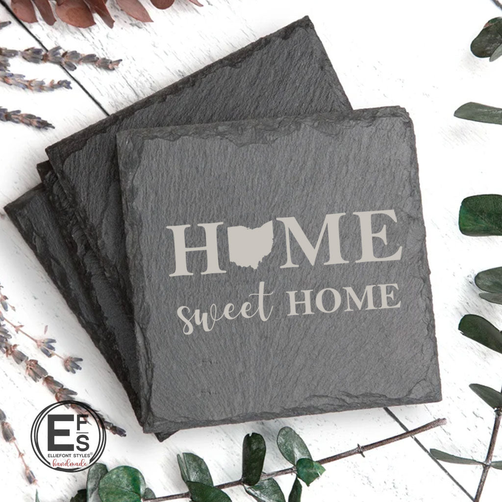 Personalized slate coasters engraved with Home Sweet Home and state outline for new homeowners