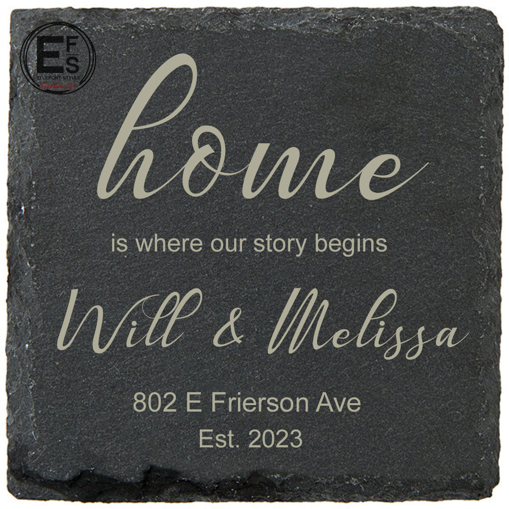 Custom housewarming gift slate coasters for new homeowners engraved with name and address