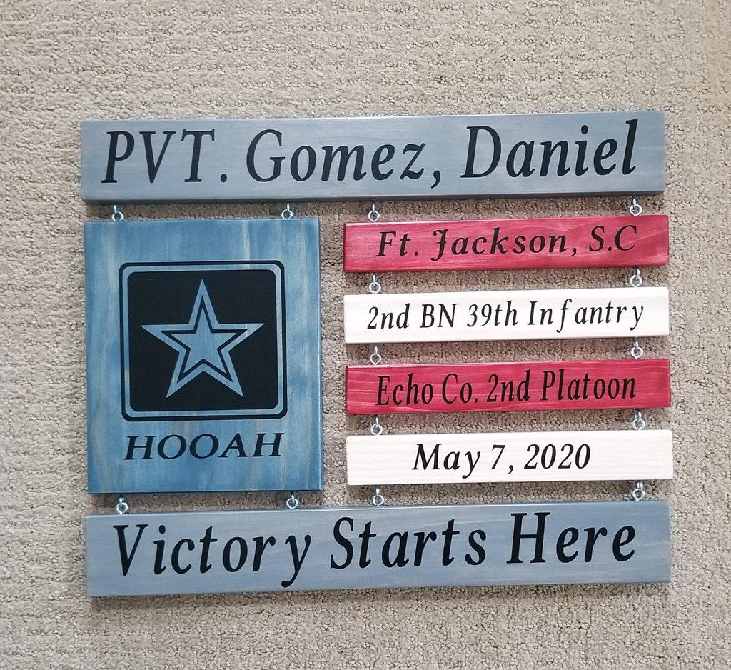 Wooden American flag board designed as a U.S. Army boot camp graduation keepsake