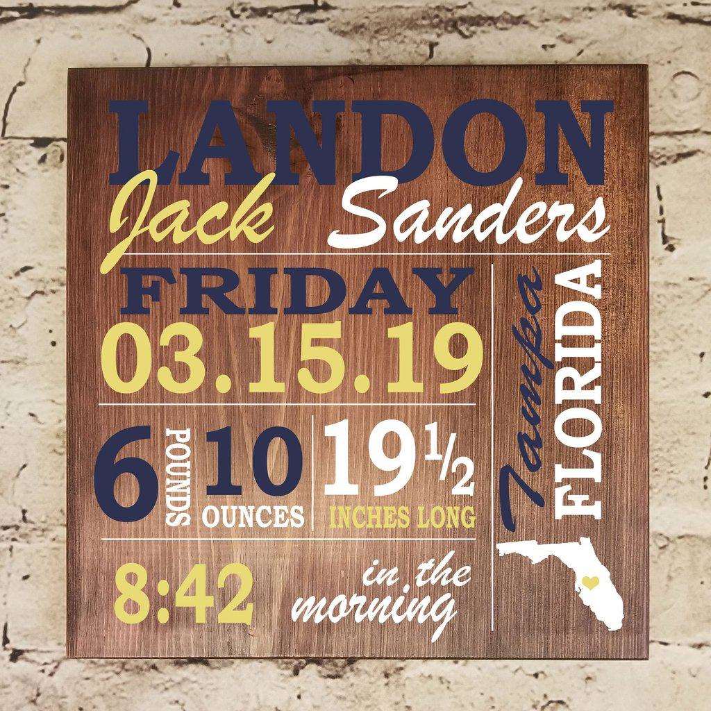 Personalized wooden baby birth stats sign presented as a baby shower gift