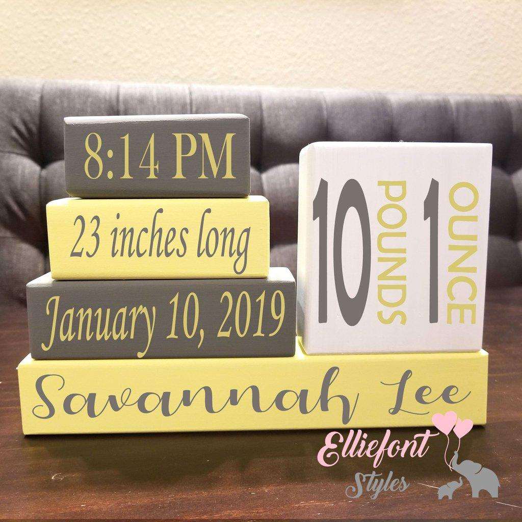 Custom engraved wooden baby blocks packaged as a baby shower gift