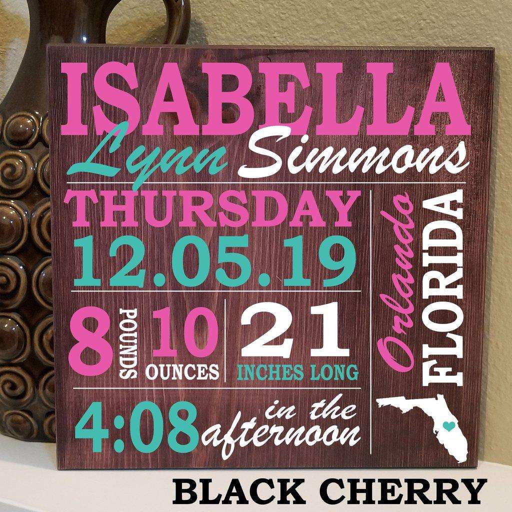 Personalized wooden sign with engraved baby birth details displayed as a baby shower gift