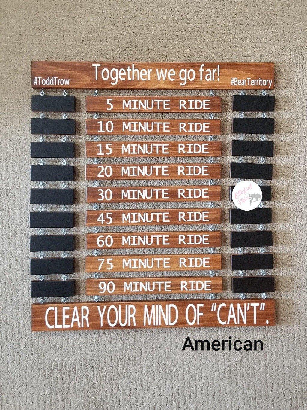 PR board for bike rides with rungs for 10, 15, and 20 minute sessions