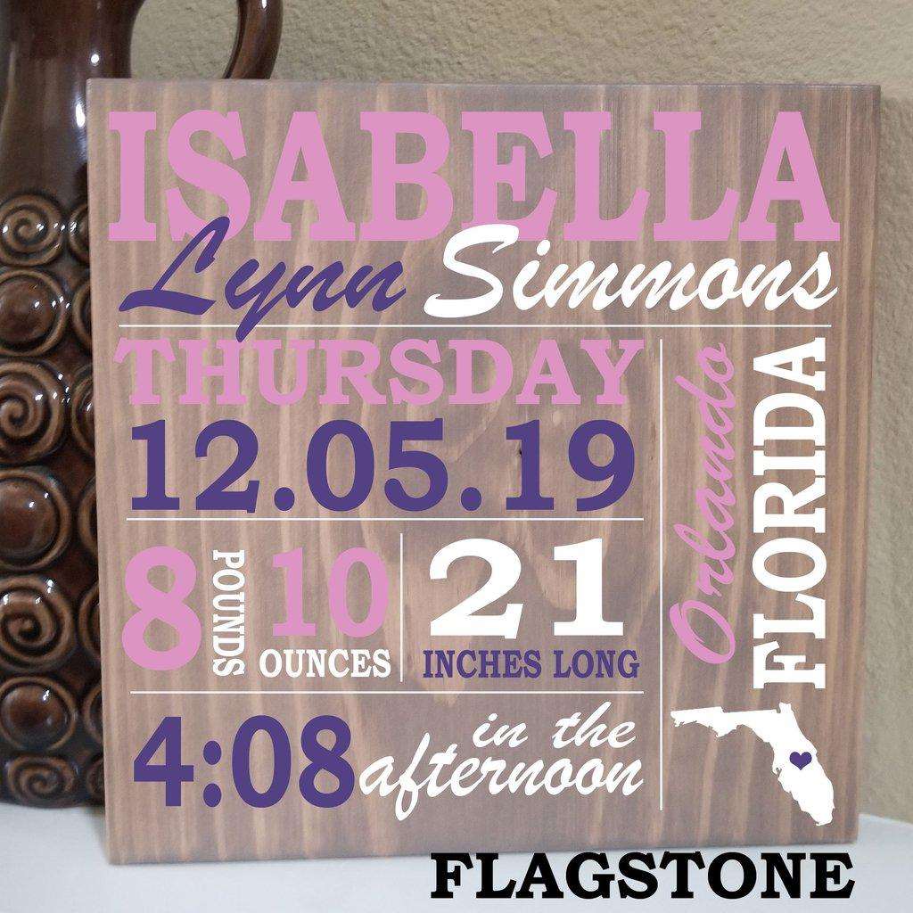 Wooden engraved sign used as a baby birth announcement keepsake