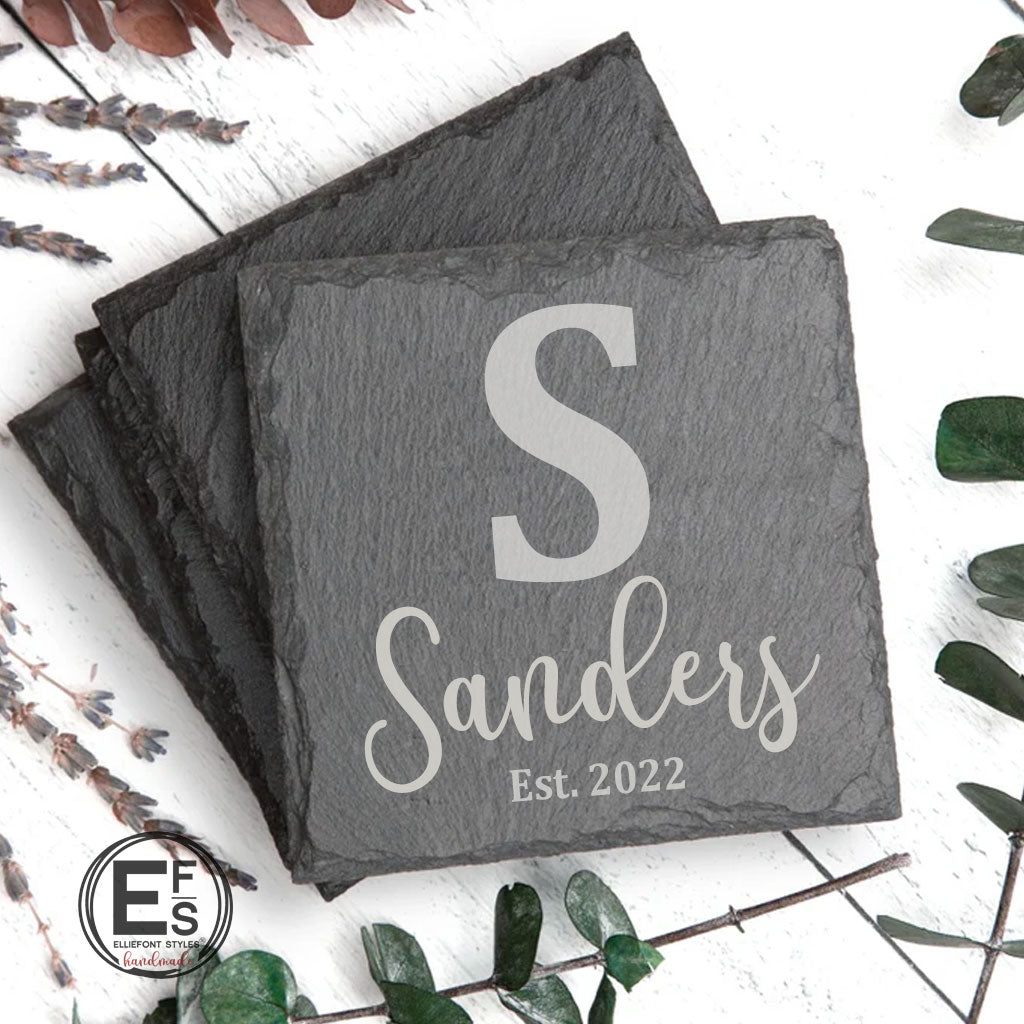 Custom engraved coaster set with monogram and family last name for couples