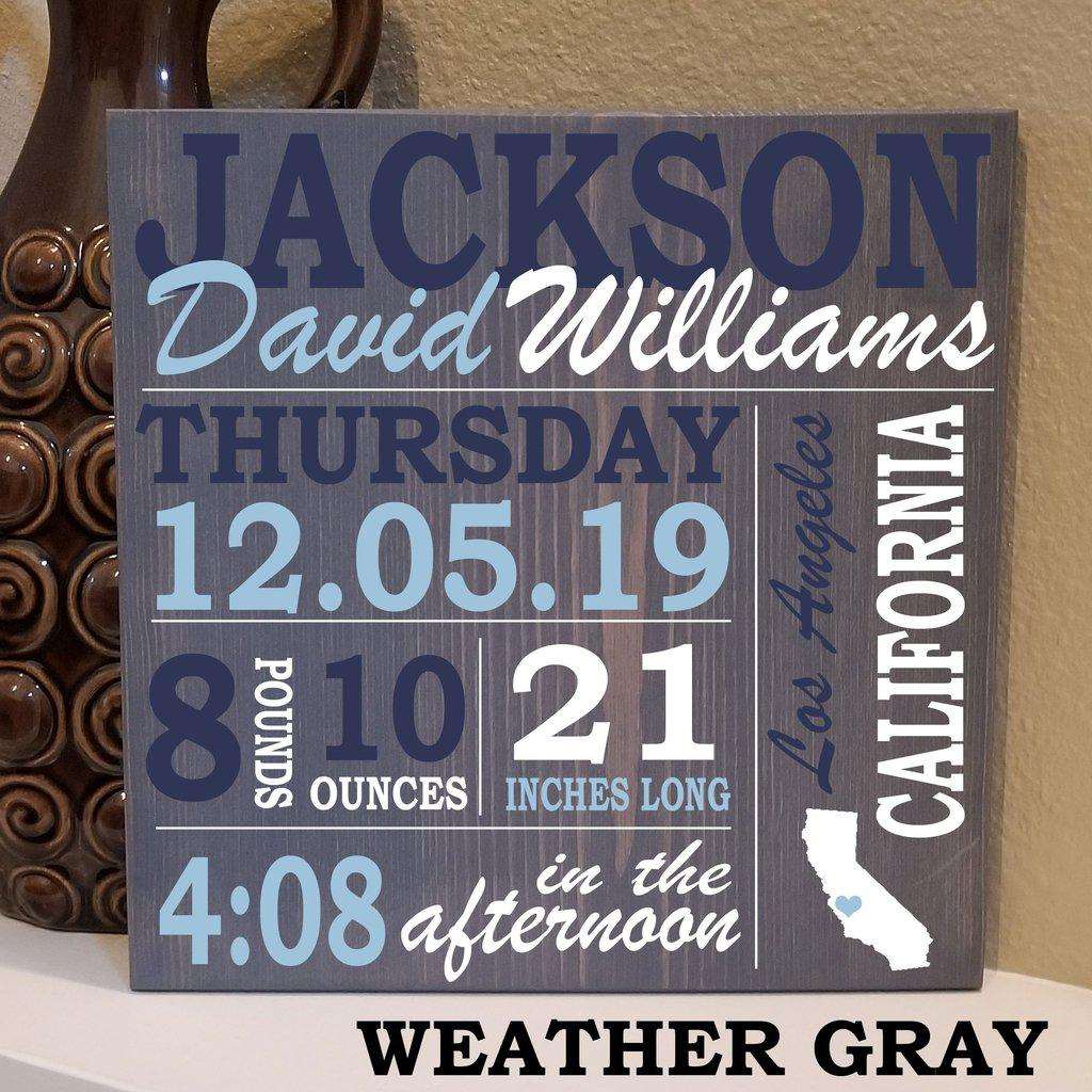 Engraved wooden baby birth stats sign designed as a family heirloom piece