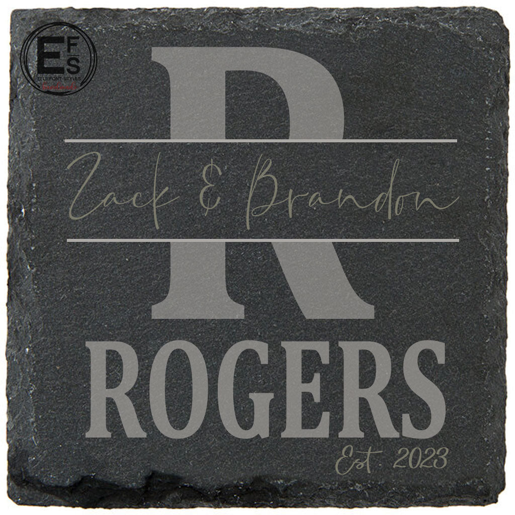 Custom split monogram slate coasters engraved with couples’ names and last name for wedding or anniversary gift