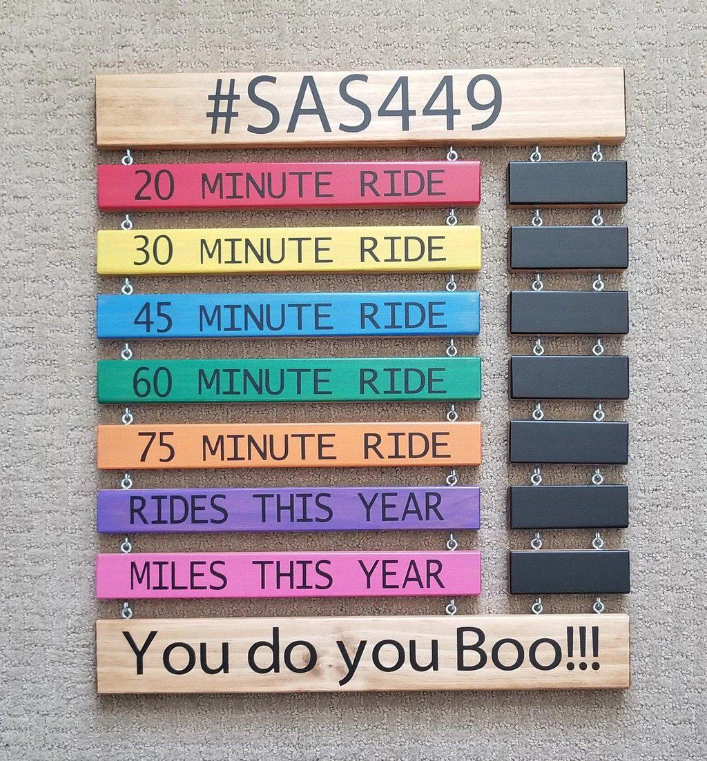 Customized spin bike goal tracker board with personalized rider details