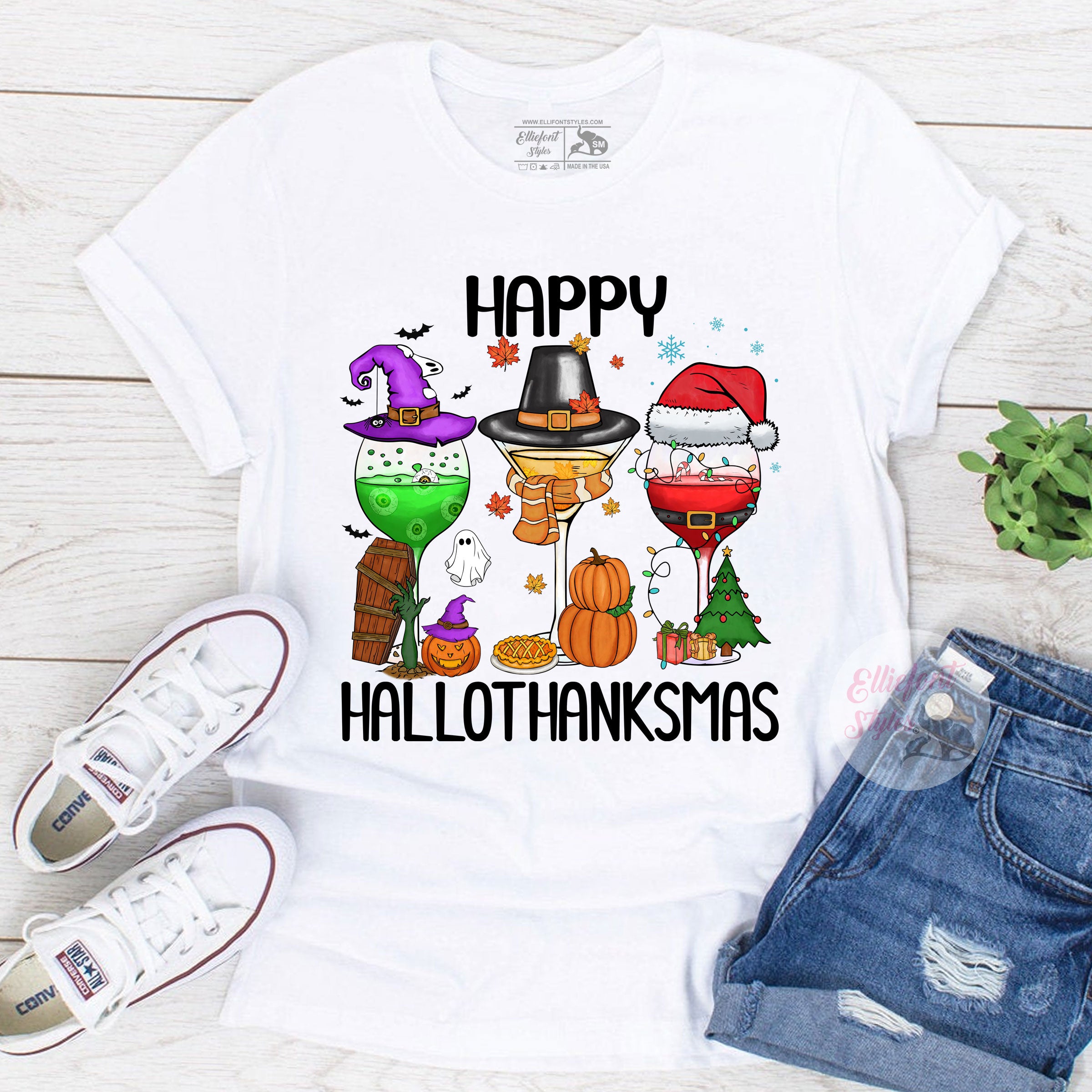 Cute fall holiday shirt combining Halloween Thanksgiving and Christmas designs